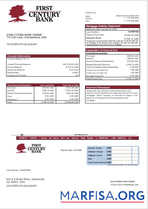 Blank USA Georgian Gainesville First Century bank mortgage statement in Word and PDF formats sample